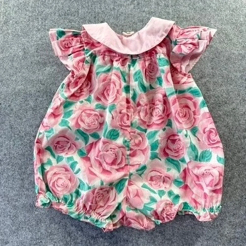 Vintage 12M Baby Girl Floral Rose Bubble‎ Romper Pink Peter Pan Collar